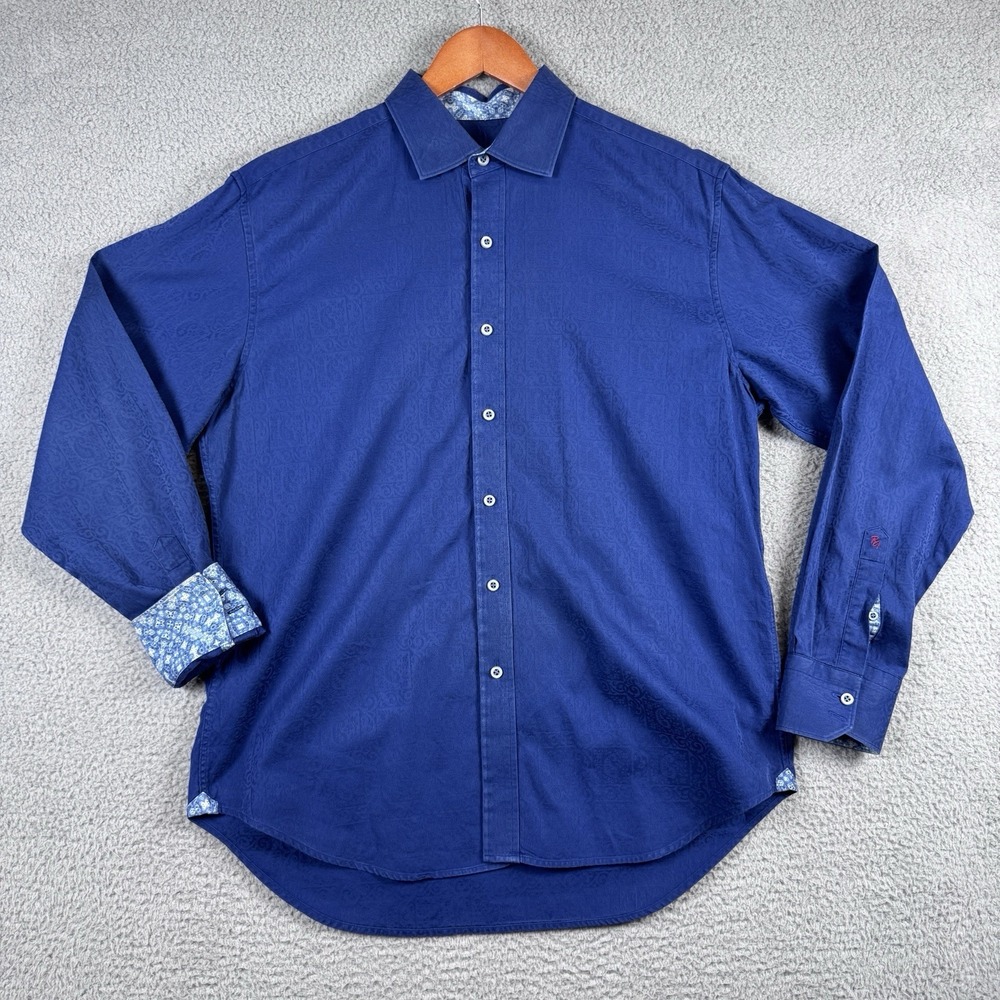 Robert Graham Shirt Mens Large Blue Bayview Paisley Jacquard Flip Cuff Classic